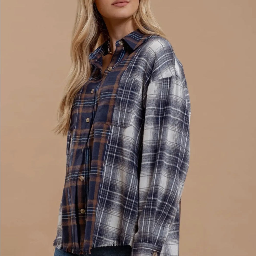 Blu Pepper Plaid Patchwork Button Down Long Sleev… - image 3